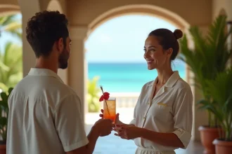 Concierge en uniforme blanc offrant un cocktail de bienvenue à un client dans le lobby ouvert d'un hôtel de luxe en Guadeloupe avec vue sur la mer des Caraïbes