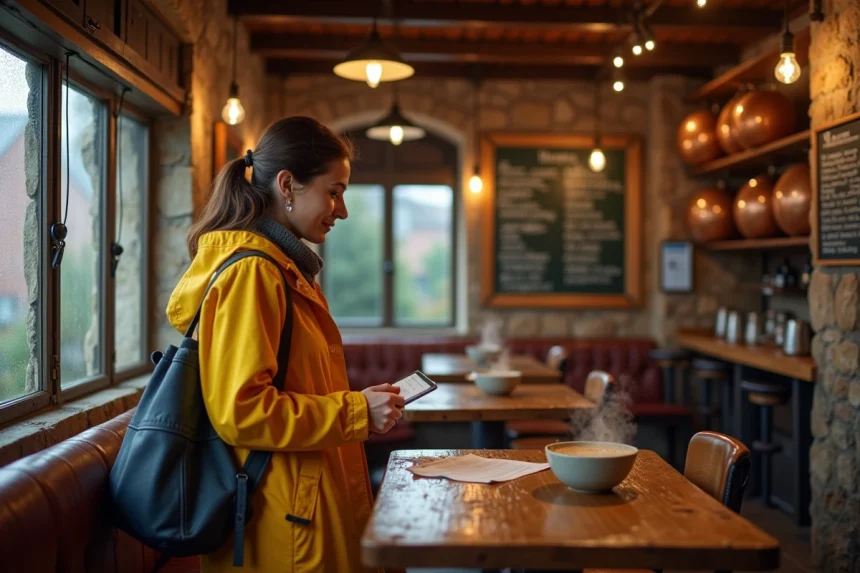 Femme en ciré jaune consultant le menu d'une crêperie bretonne traditionnelle lors d'un jour de pluie sur la Côte de Granit Rose