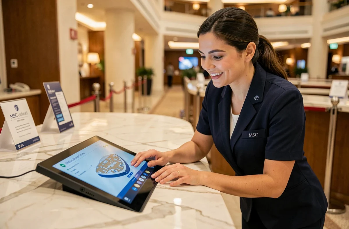 Agent MSC Croisières au bureau de réservation de cabines à bord du navire avec écran interactif