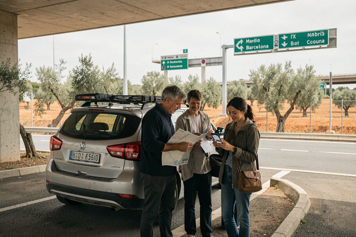 Couple consultant une carte routière dans une aire de repos sur une autoroute espagnole, voyage en voiture