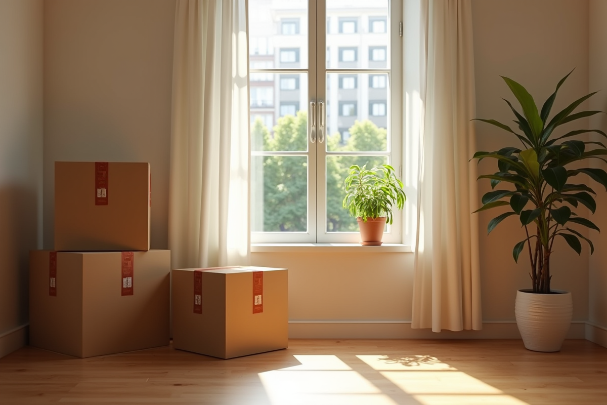 Appartement lumineux avec cartons et vue sur parc en déménagement