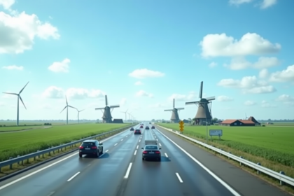 Autoroute hollandaise avec voitures ciel bleu et panneau