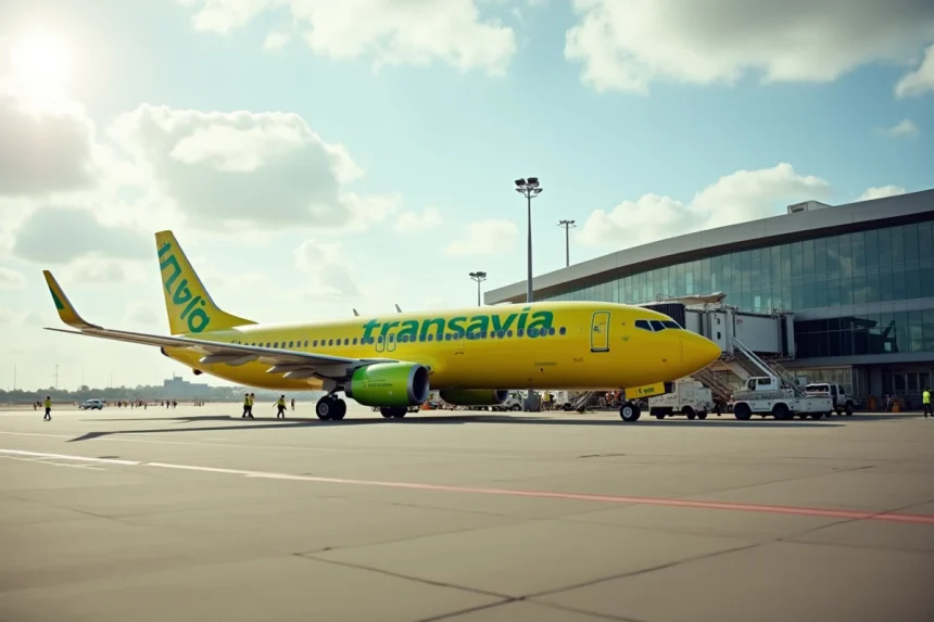 Avion Transavia Boeing 737 sur le tarmac d'un aéroport européen avec personnel au sol