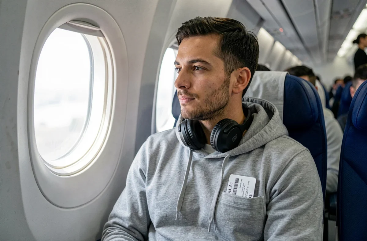 Voyageur seul dans un avion regardant par le hublot lors d'un vol court Los Angeles Las Vegas