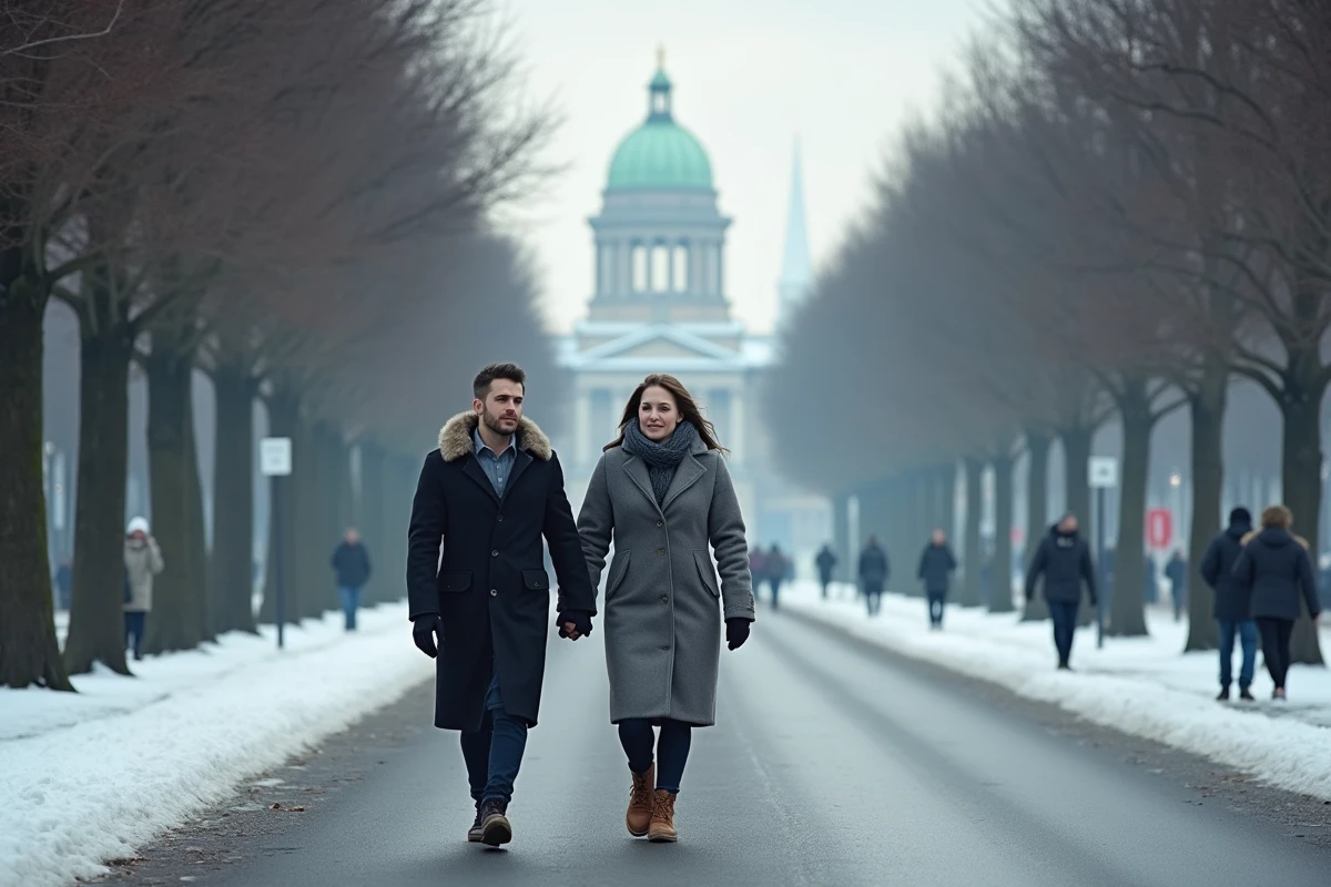 Couple en promenade hivernale sur la Ringstrasse de Vienne avec le musée d'Histoire de l'Art en arrière-plan enneigé