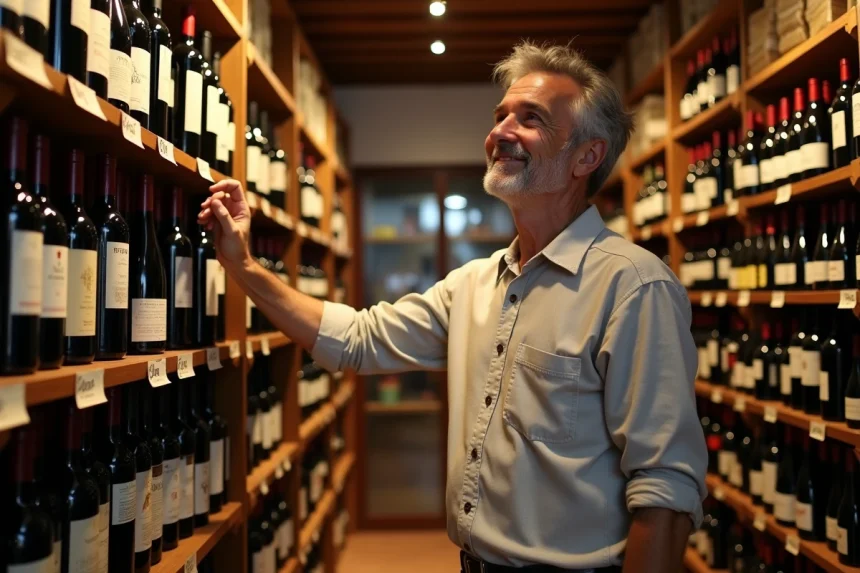 Homme dans une bodega espagnole choisissant une bouteille de vin rouge sur un rayon avec des étiquettes de prix en euros
