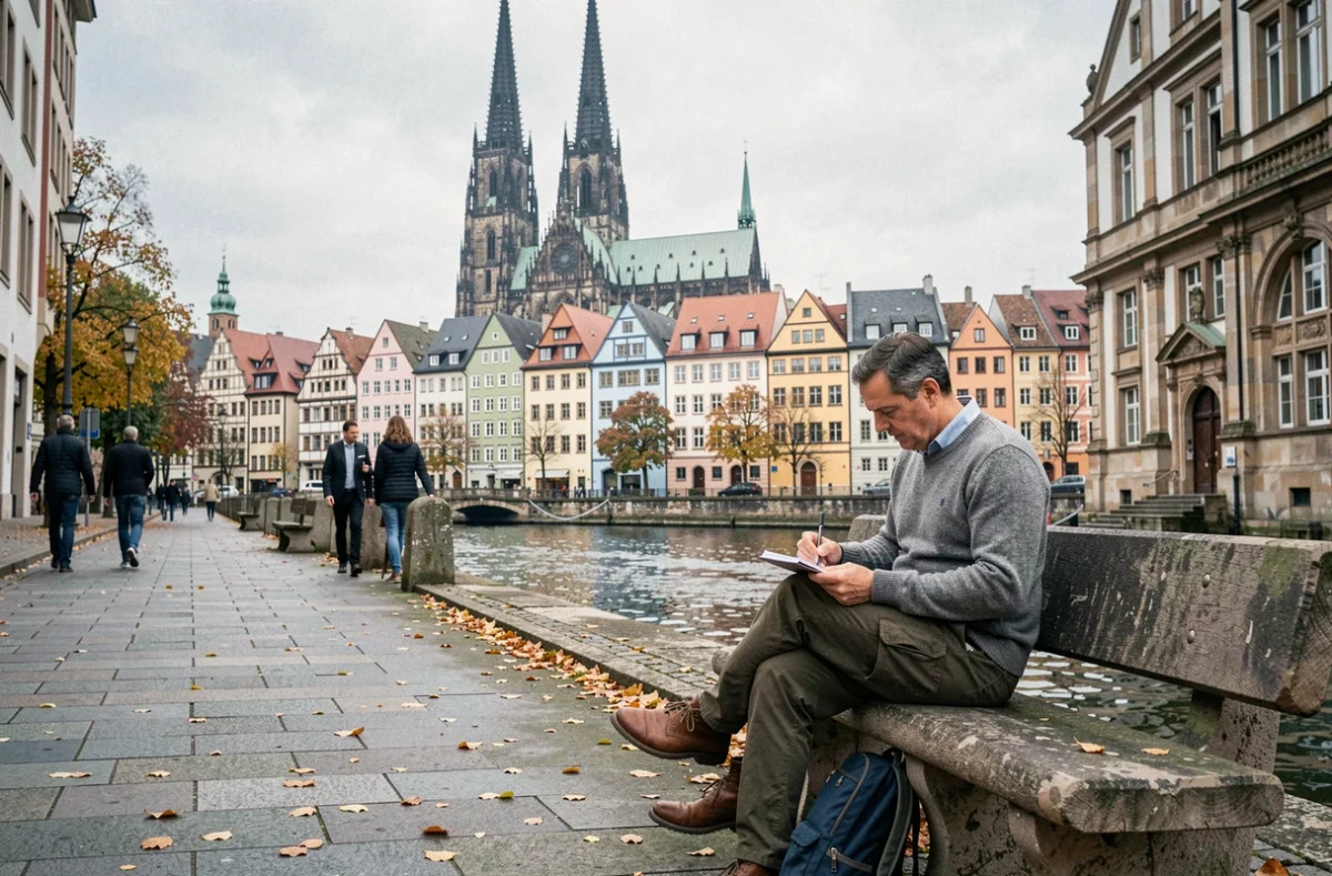 Voyageur dessinant sur les bords du Rhin avec la cathédrale de Cologne en arrière-plan en Allemagne
