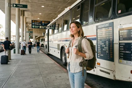 Femme avec sac à dos attendant un bus Greyhound au terminal de Los Angeles pour rejoindre Las Vegas