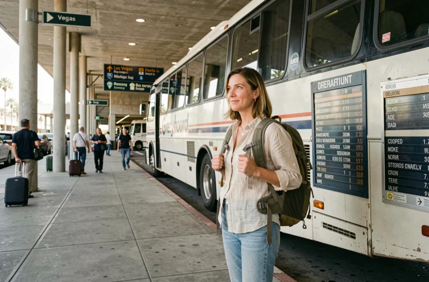 Femme avec sac à dos attendant un bus Greyhound au terminal de Los Angeles pour rejoindre Las Vegas