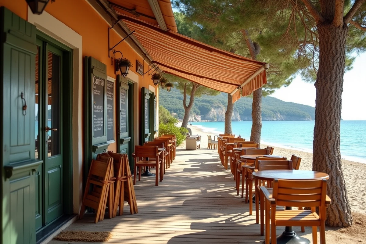 Terrasse de café de plage fermée à Palombaggia hors saison avec chaises empilées et mer turquoise en arrière-plan