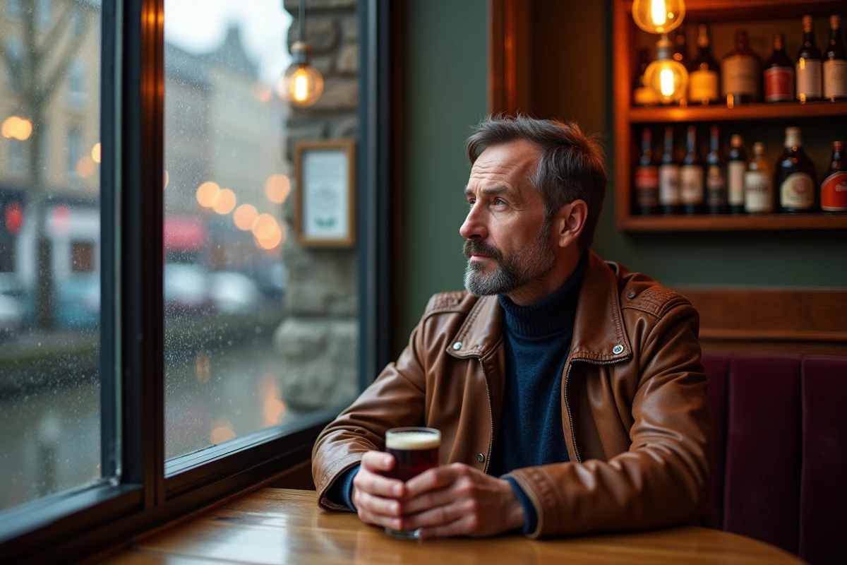 Homme savourant une bière belge dans un café traditionnel de Gand par temps de pluie