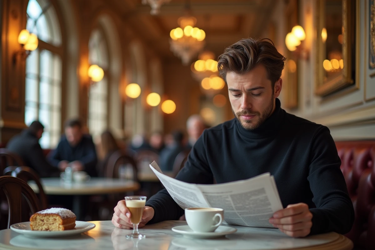 Homme dégustant un café viennois et une part de Sachertorte dans un café historique au décor baroque