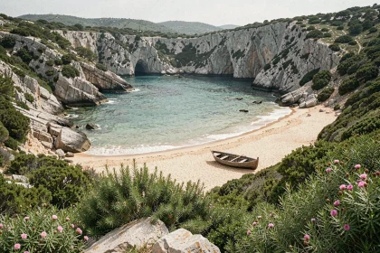 Cala d'Orzu déserte hors saison au printemps avec eau turquoise et maquis corse en fleurs