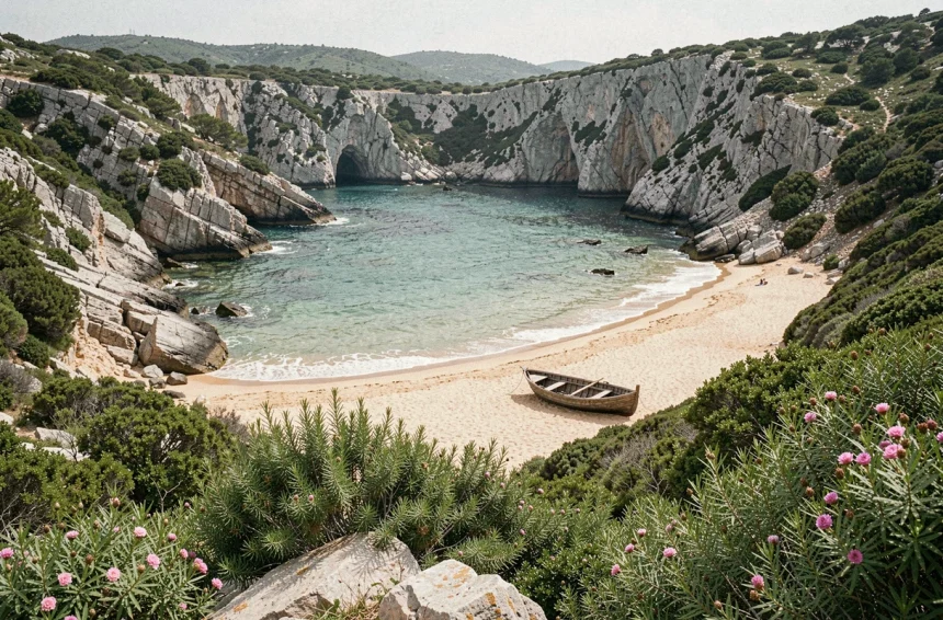 Cala d'Orzu déserte hors saison au printemps avec eau turquoise et maquis corse en fleurs
