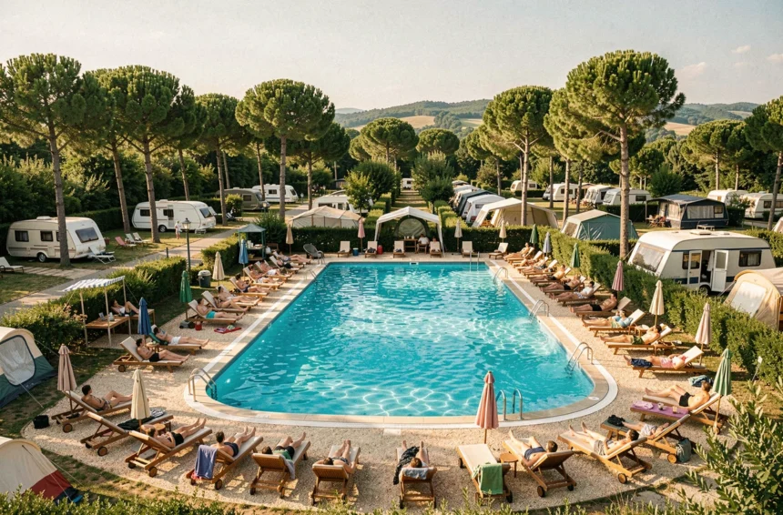 Vue panoramique d'un camping avec piscine en Nouvelle-Aquitaine, entouré de pins et de collines verdoyantes en été