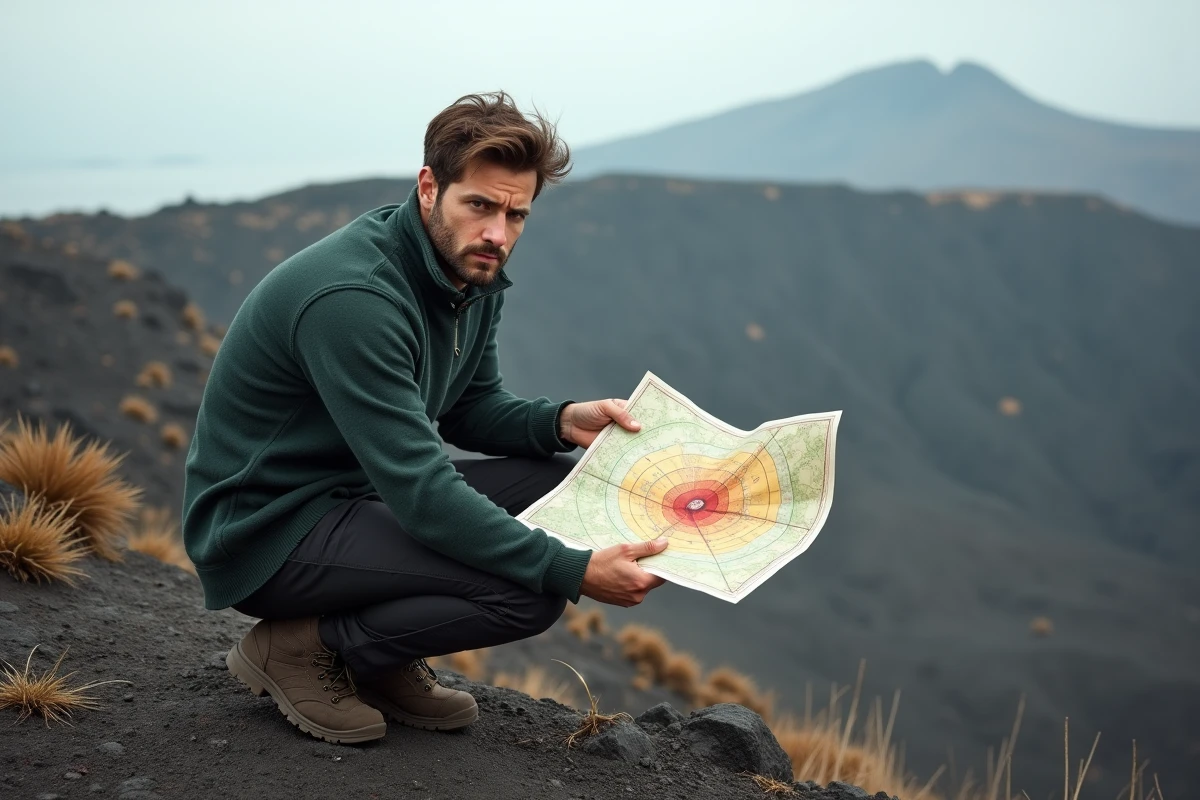 Homme analysant une carte volcanique de l'Etna avec zones de danger colorées en Sicile
