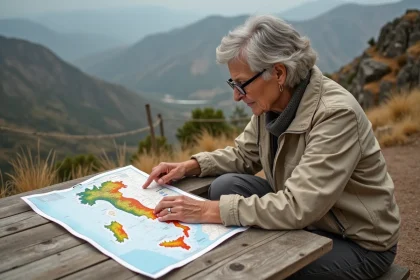 Randonneuse consultant une carte des zones à risque volcanique en Italie près du Vésuve