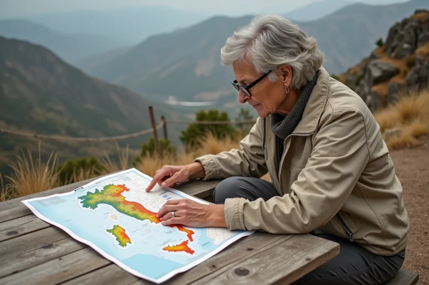 Randonneuse consultant une carte des zones à risque volcanique en Italie près du Vésuve