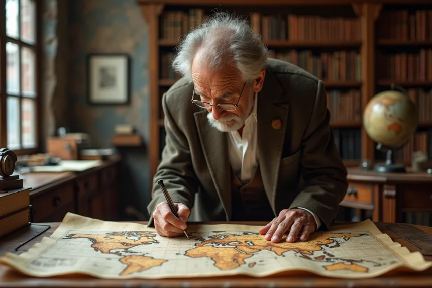 Cartographe âgé avec cartes anciennes dans un bureau historique