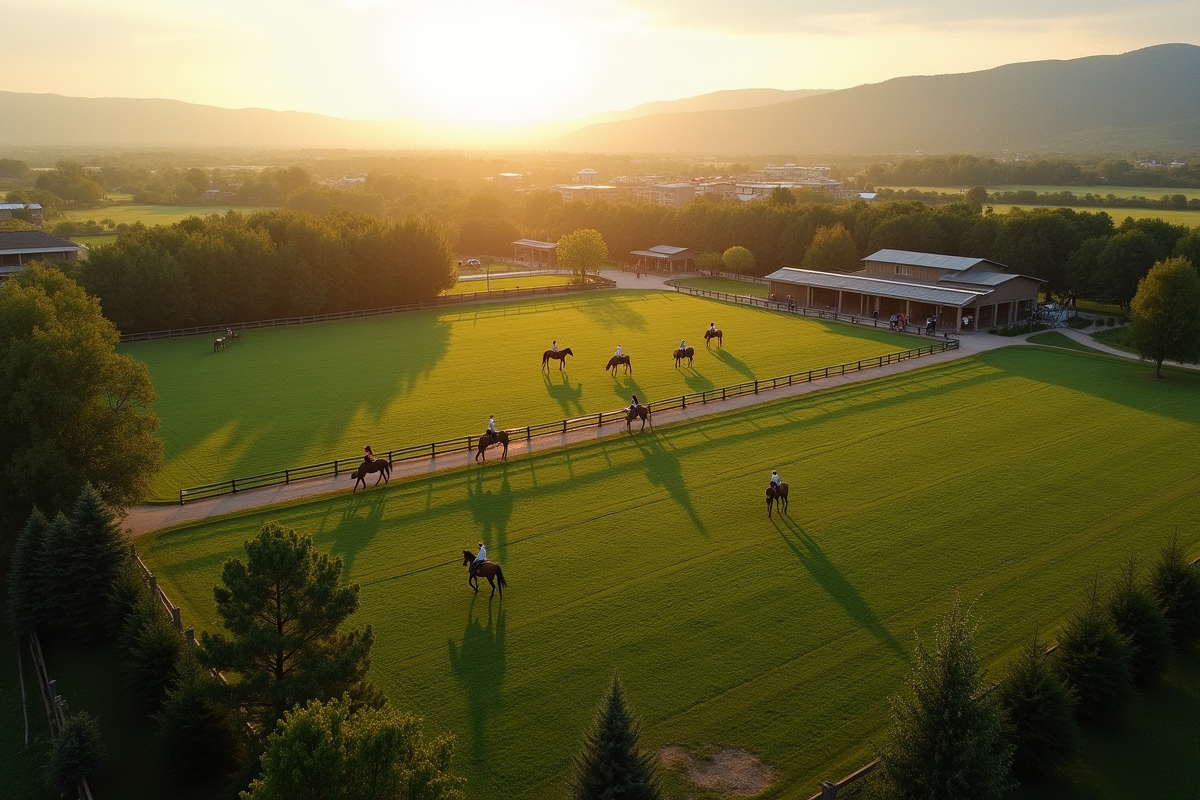 Vue aérienne d un centre equestre en campagne avec paddocks verts