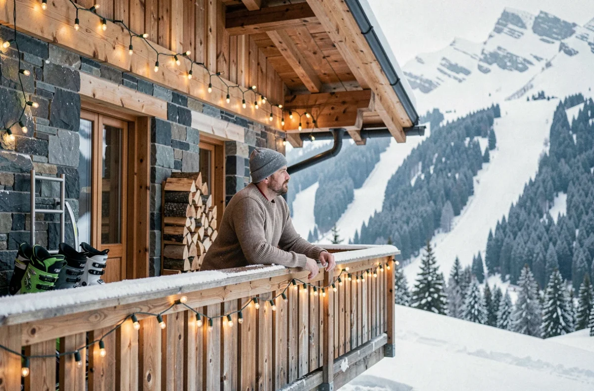 Chalet en bois du Chalet d'en Haut au pied des pistes en Savoie avec balcon enneigé et équipements de ski