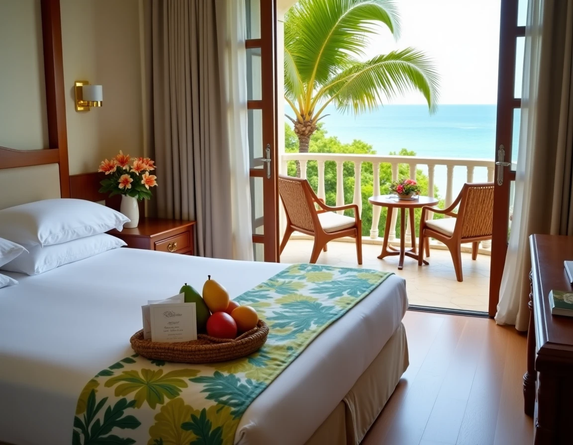 Chambre d'h&ocirc;tel de luxe en Guadeloupe avec d&eacute;coration soign&eacute;e, panier de fruits locaux et vue sur jardin tropical depuis le balcon priv&eacute;