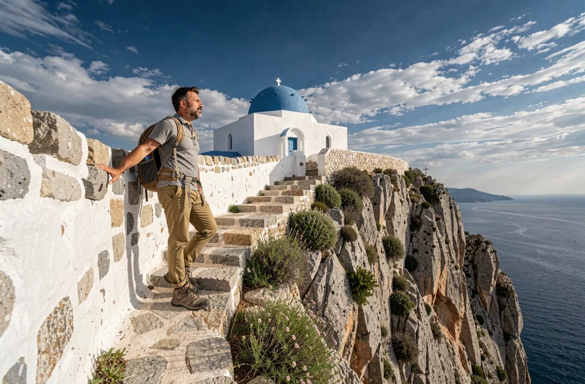 Voyageur solitaire devant la chapelle Agios Ioannis perchée sur les falaises de Skopelos en Grèce