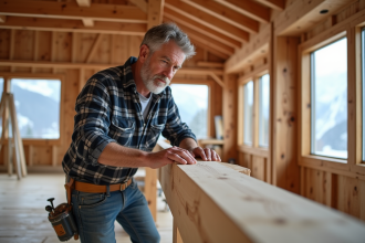 Charpentier dans un chalet en construction inspectant une poutre en bois
