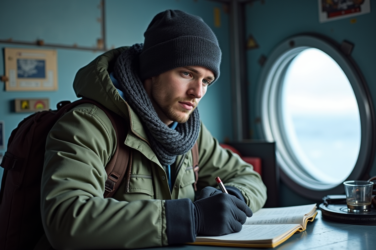 Jeune homme écrivant dans un carnet dans un poste de recherche antarctique