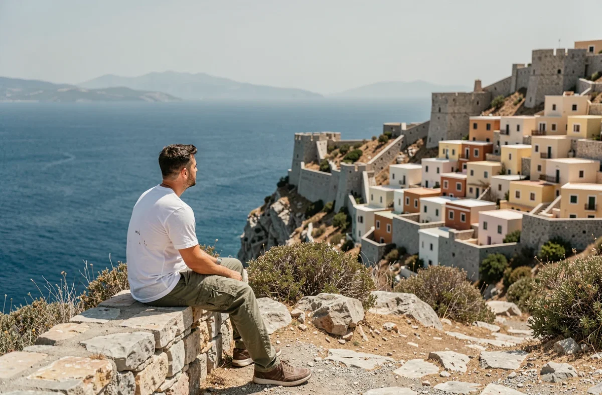 Voyageur assis sur un muret face à la mer Égée depuis la Chora perchée de Folégandros dans les Cyclades