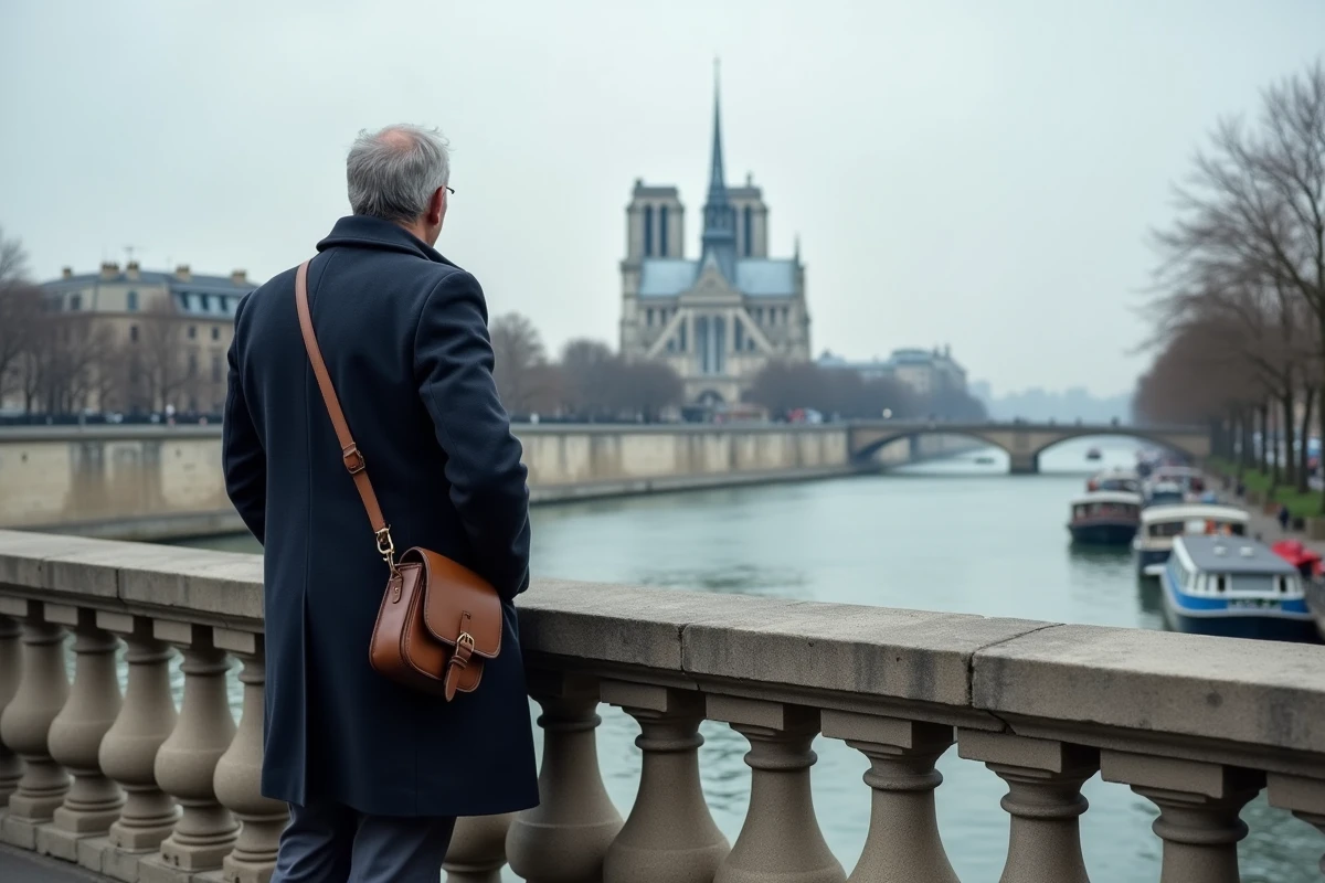 Homme sur le Pont de la Tournelle contemplant Notre-Dame de Paris avec la Seine et les quais en arrière-plan