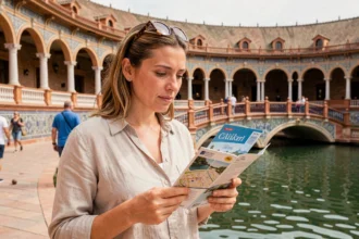 Femme consultant un city pass de Séville devant la Plaza de España, architecture andalouse en arrière-plan