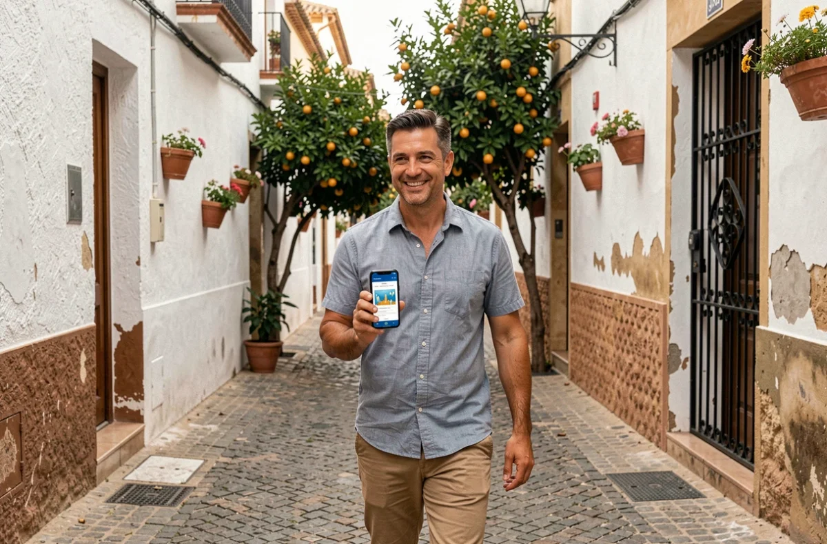 Homme avec un city pass numérique de Séville se promenant dans le quartier de Santa Cruz aux ruelles pavées