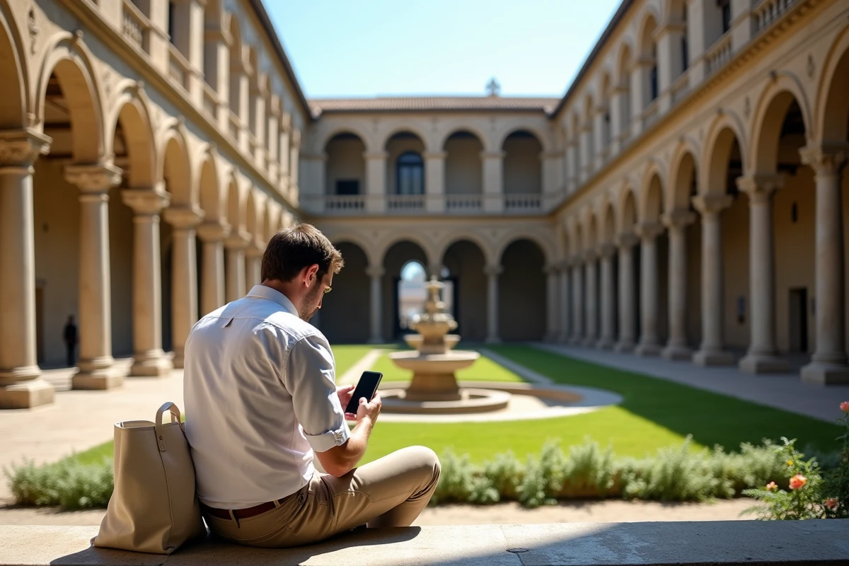 Cloître de la cathédrale de Monreale avec ses colonnes romanes et un visiteur effectuant une réservation de billet en ligne sur smartphone