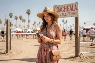 Jeune femme en tenue bohème tenant son billet d'entrée devant les portes du festival Coachella, avec le désert californien en arrière-plan