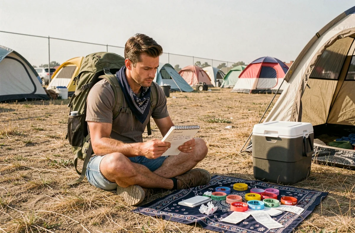Festivalier assis dans un camping de Coachella en train de planifier son budget avec un carnet et des reçus étalés devant lui