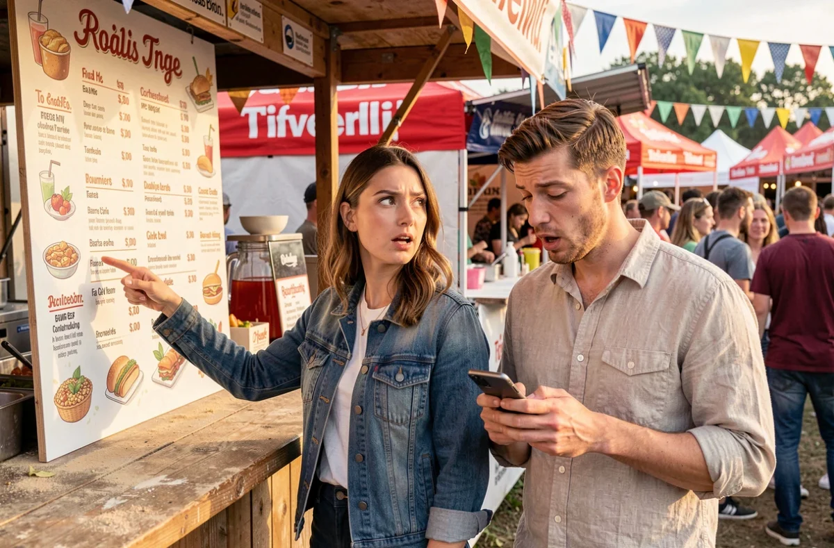 Deux amis consultant les prix d'un stand alimentaire au festival Coachella, budget nourriture et boissons en vue