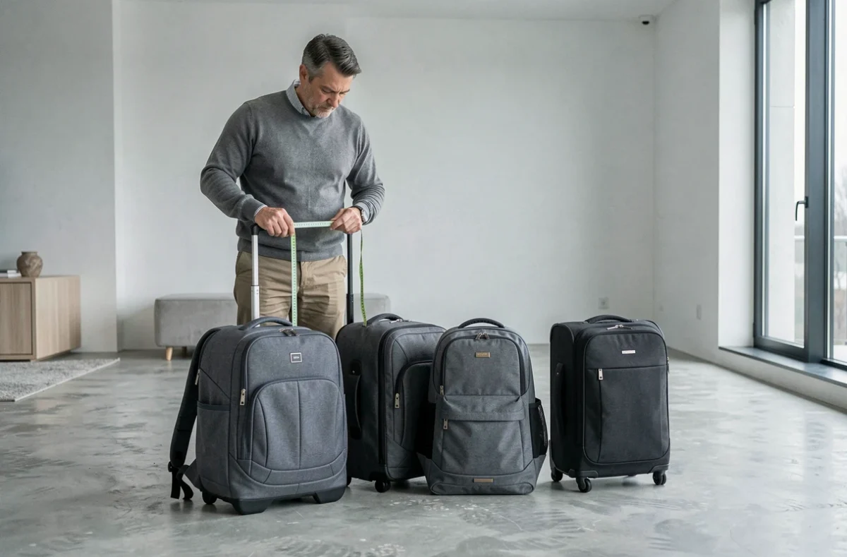 Homme comparant différentes tailles de valises cabine et sacs à main avant un voyage en avion en 2026