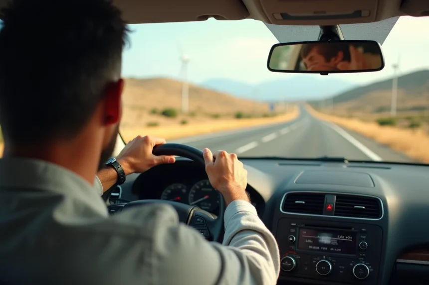 Conducteur sur une autoroute espagnole gratuite traversant un paysage de collines castillanes