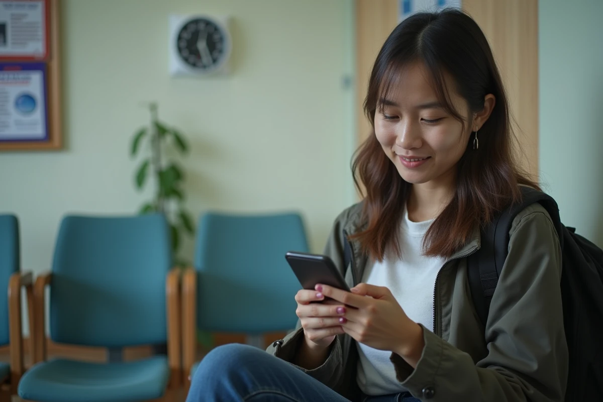 Jeune voyageuse consultant la confirmation de son billet gratuit Thaïlande sur smartphone dans la salle d'attente d'une ambassade