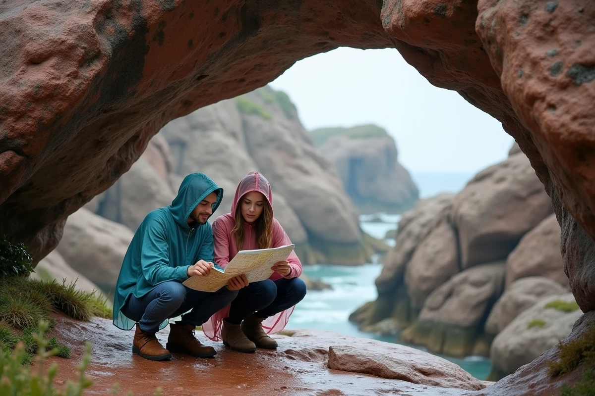 Couple abrité sous un rocher de granit rose à Ploumanac'h consultant une carte sous la pluie en Bretagne