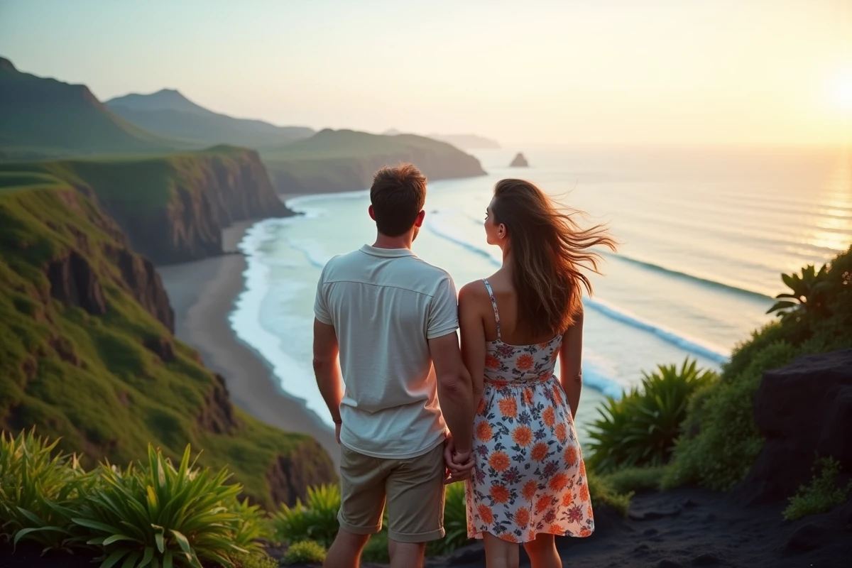 Couple arrivant à l'aube sur un littoral volcanique de La Réunion, symbolisant l'adaptation au décalage horaire après un long voyage