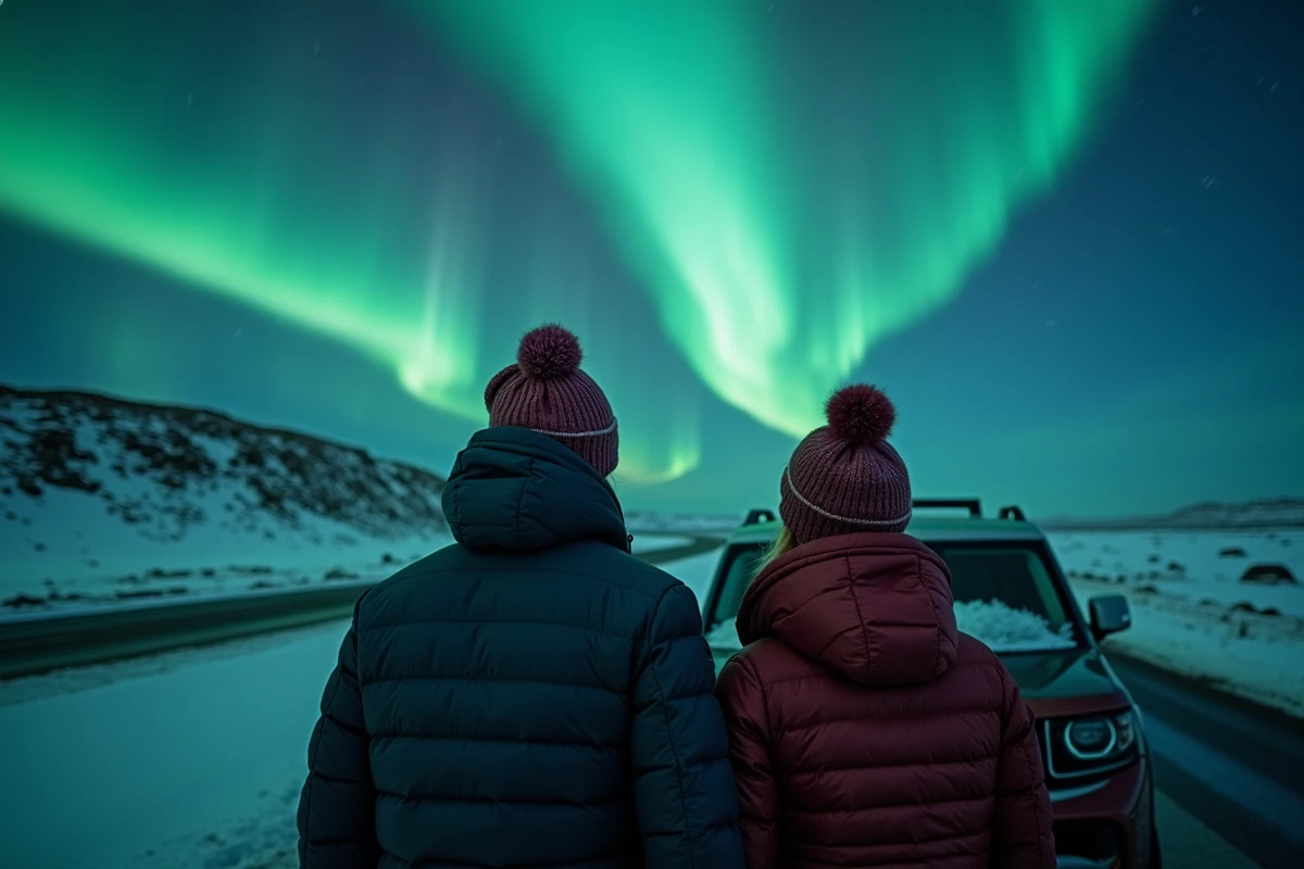 Couple en vêtements d'hiver debout près d'un 4x4 sur la Route Circulaire islandaise avec une aurore boréale dans le ciel nocturne