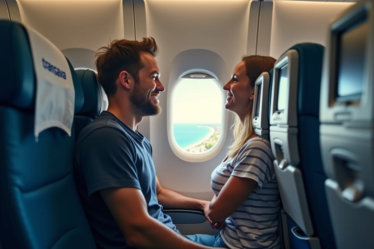 Couple de voyageurs à bord d'un avion Transavia regardant le paysage méditerranéen par le hublot