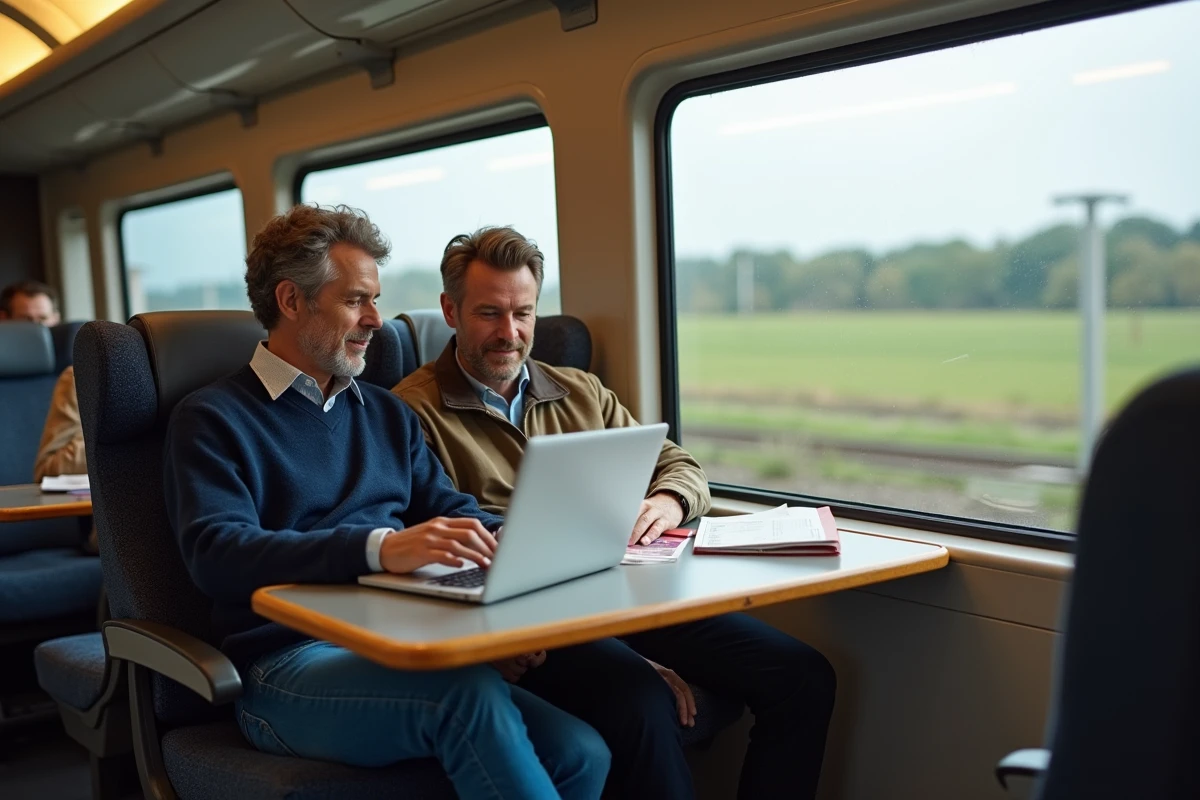 Couple analysant le budget d'un pass Eurail dans un train intercités en Europe