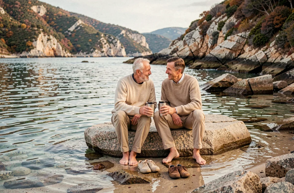 Couple profitant de la cala d'Orzu en hors saison assis sur un rocher au bord de l'eau en Corse