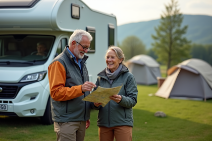 Couple senior souriant devant leur camping-car haut de gamme