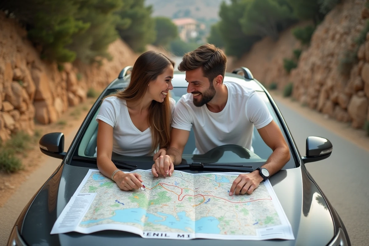 Couple planifiant un itinéraire en Corse du Sud à l'aide d'une carte routière dépliée sur le capot d'une voiture dans un village de montagne corse