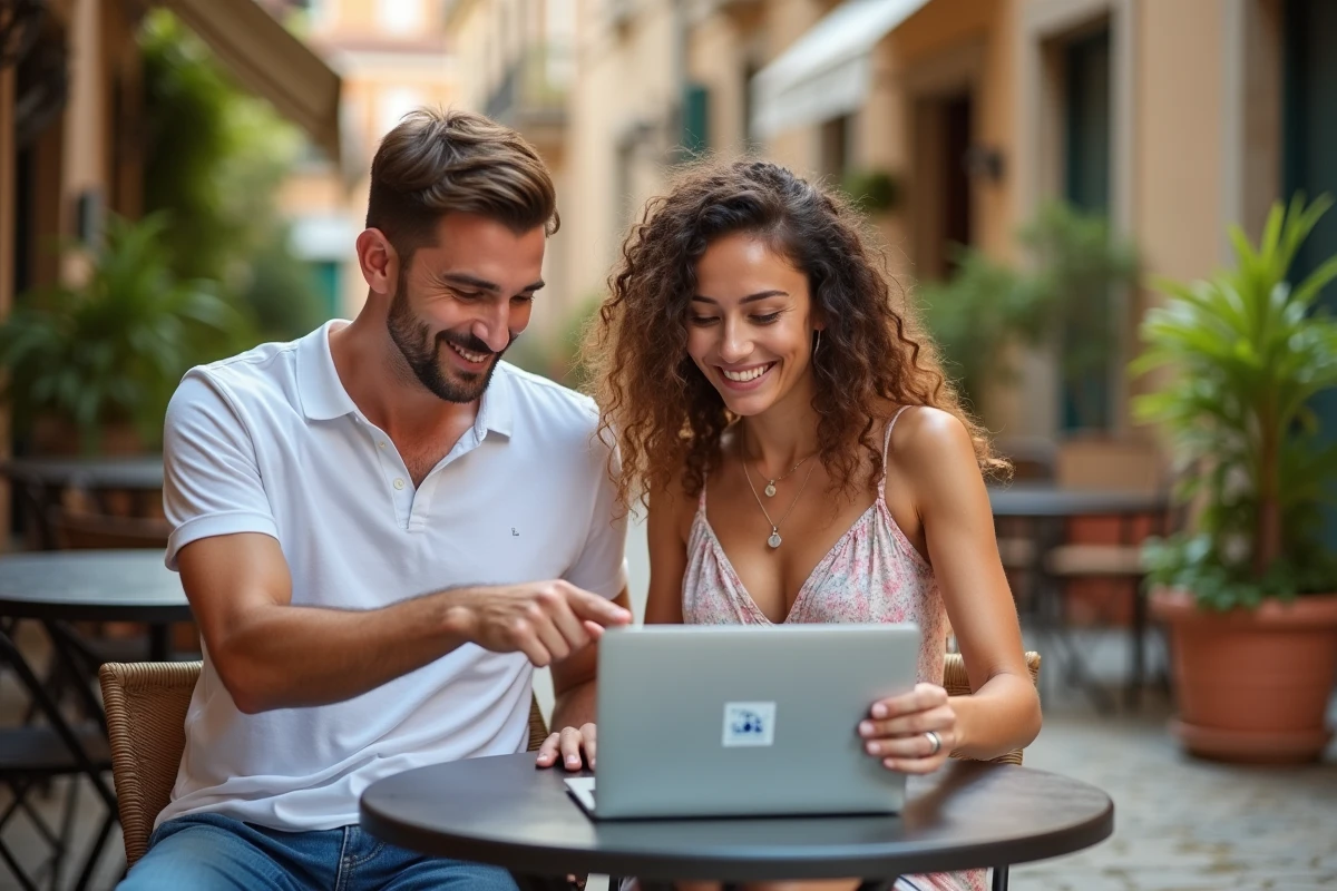 Couple comparant les offres d'assurance voyage sur le site Leclerc Voyage depuis une terrasse de café