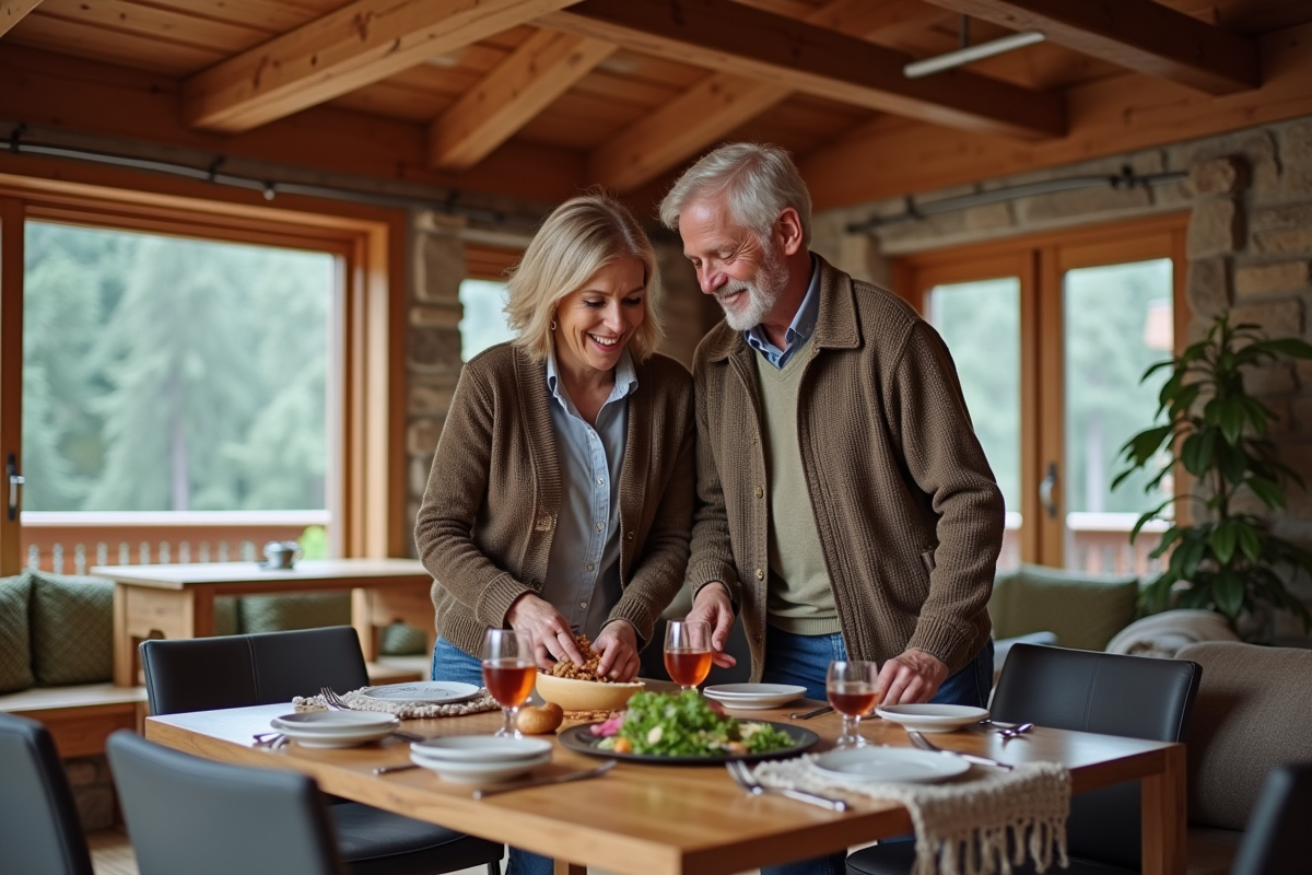 Couple mature préparant un dîner dans un intérieur chaleureux